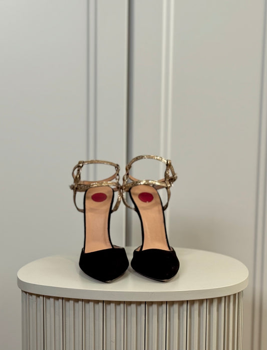 Gold straps suede heels