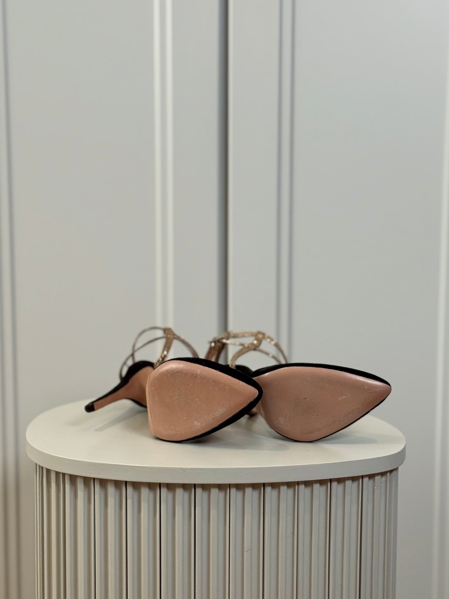 Gold straps suede heels