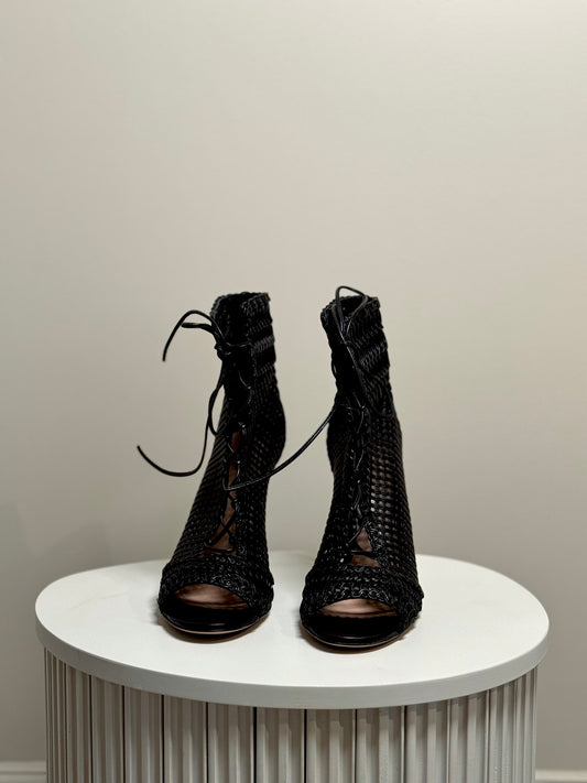 Open toe boots in soft black leather