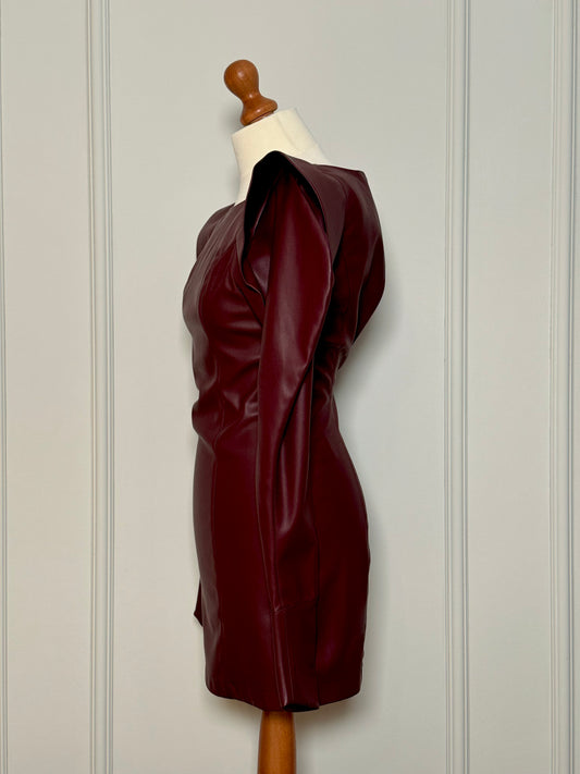 Burgundy faux leather dress with oversized shoulders