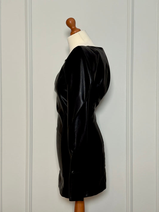 Black faux leather dress, with oversized shoulders