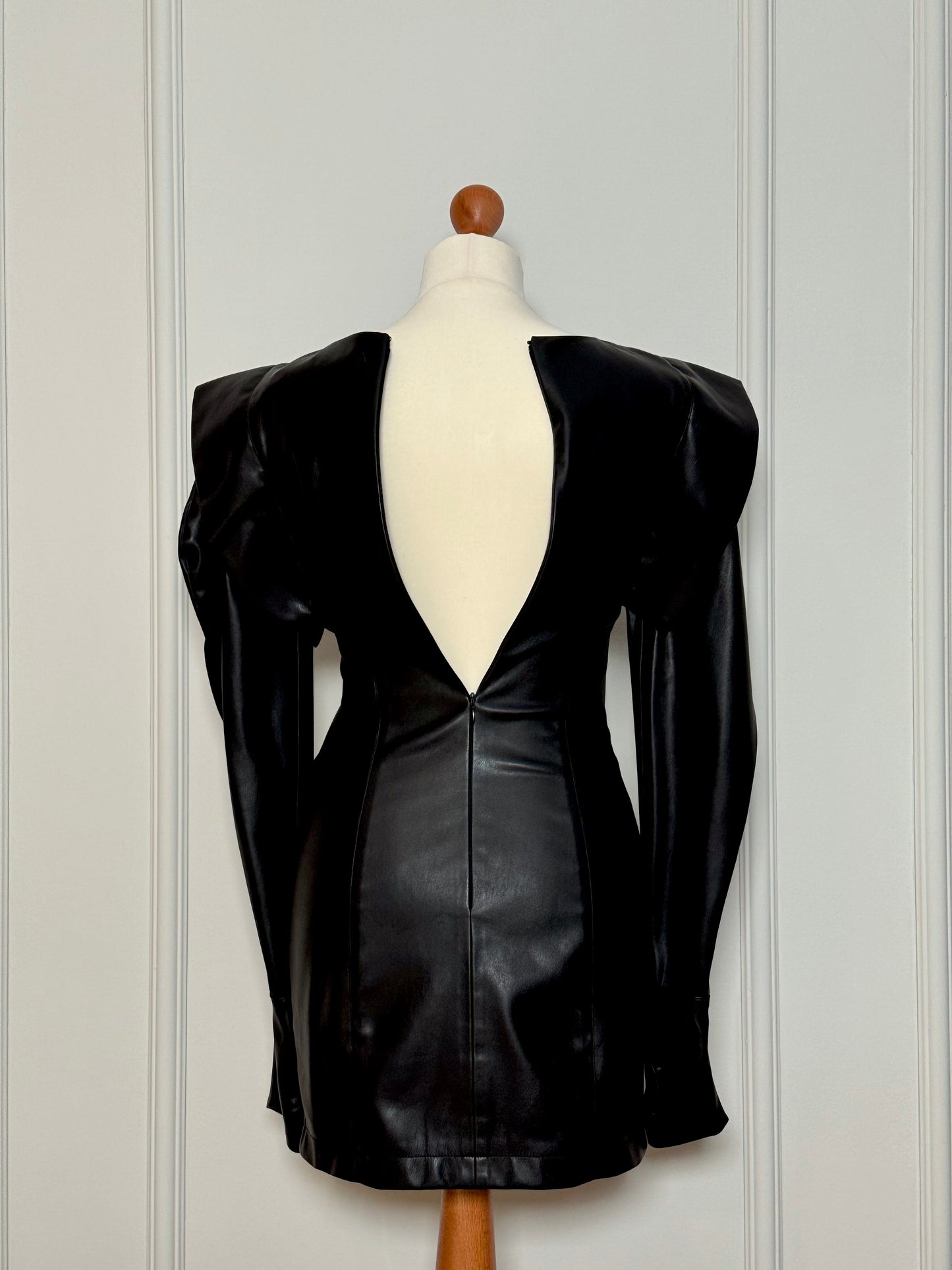 Black faux leather dress, with oversized shoulders