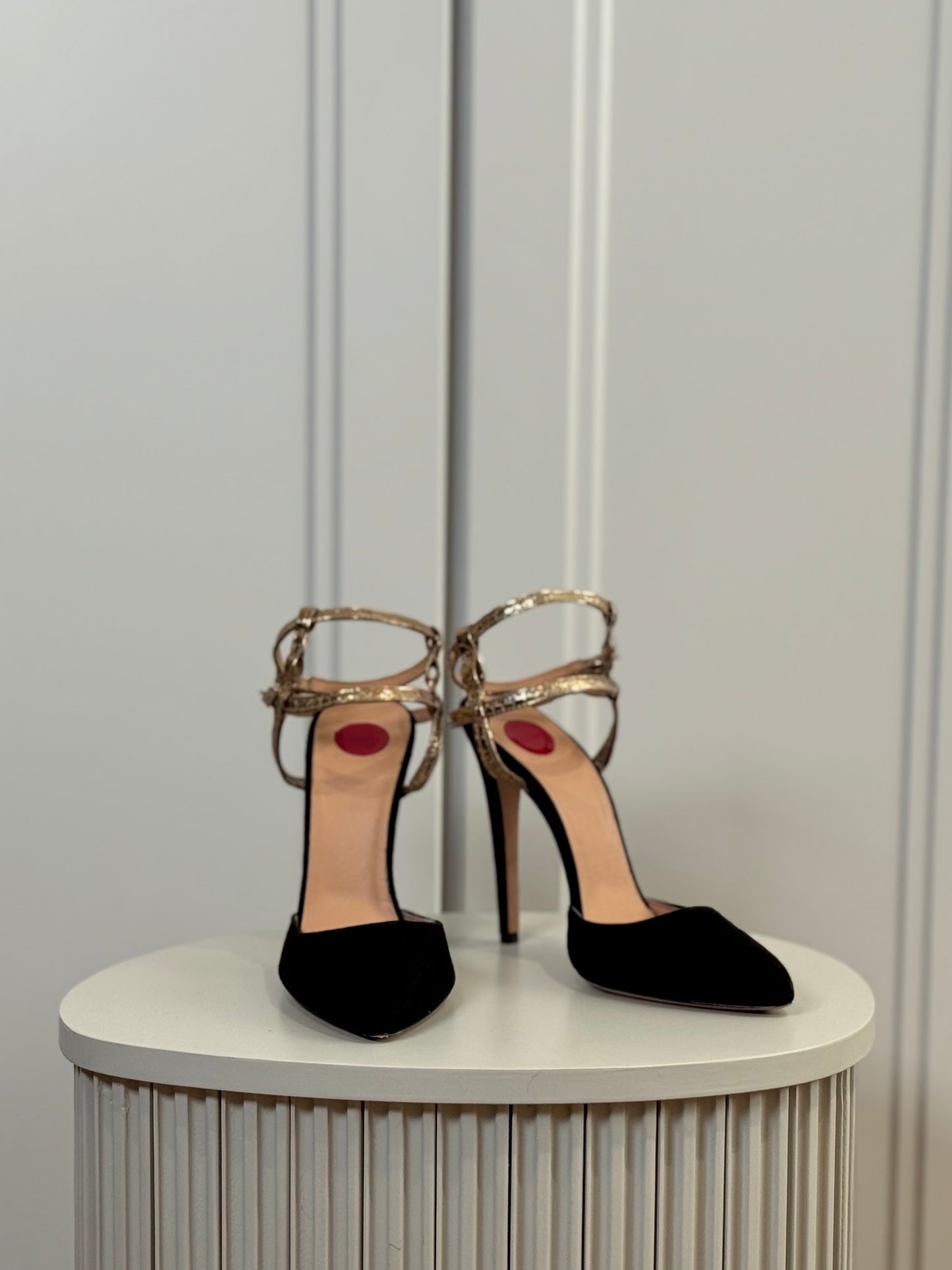 Gold straps suede heels