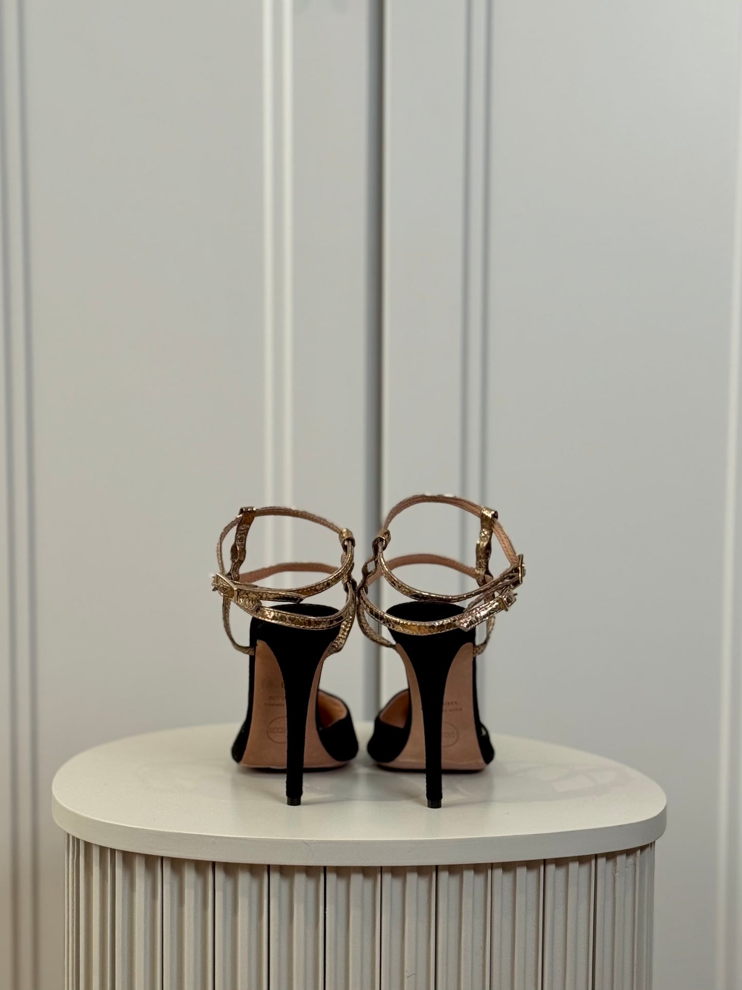 Gold straps suede heels