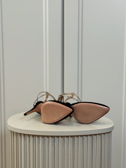 Gold straps suede heels