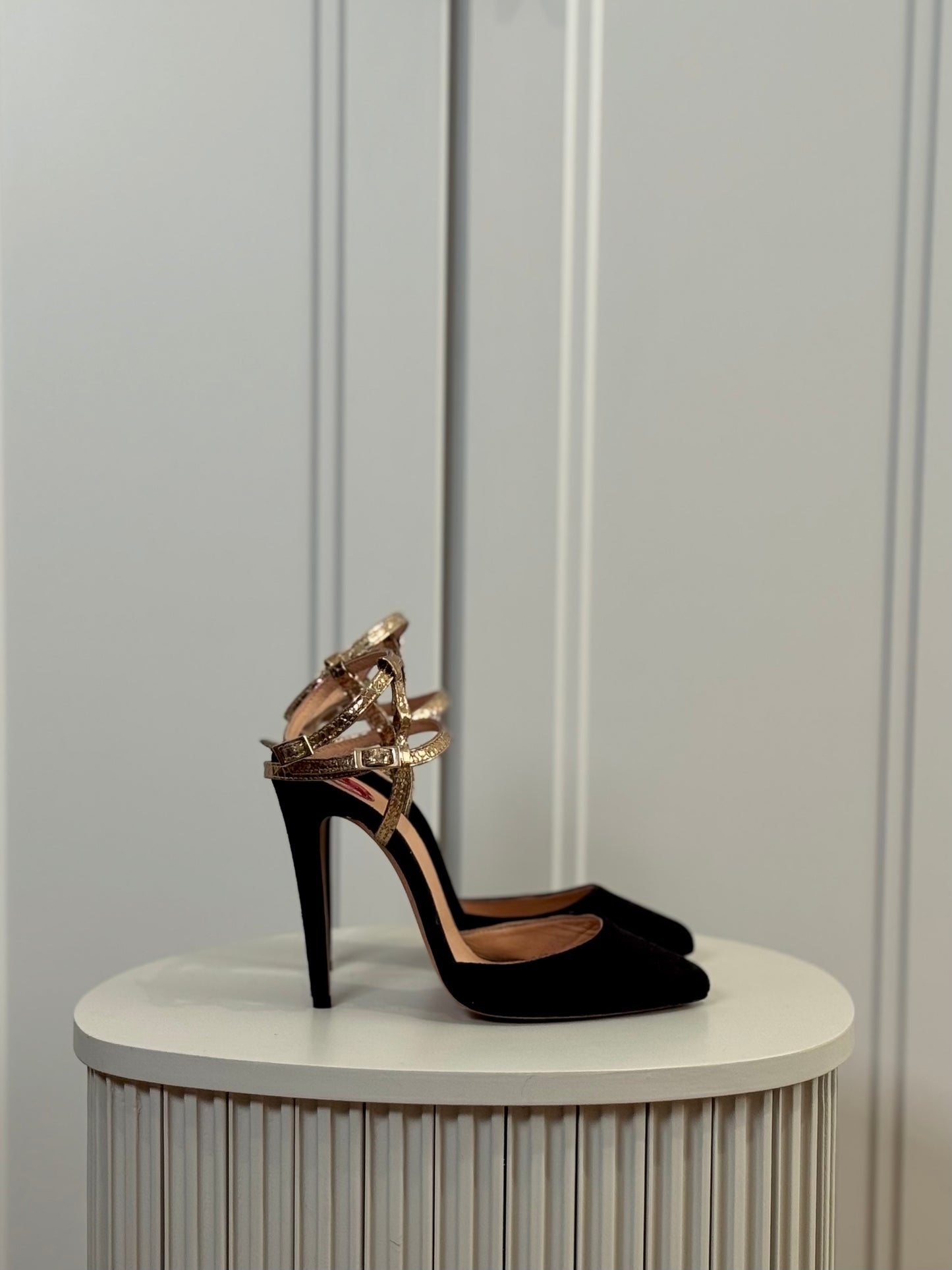 Gold straps suede heels